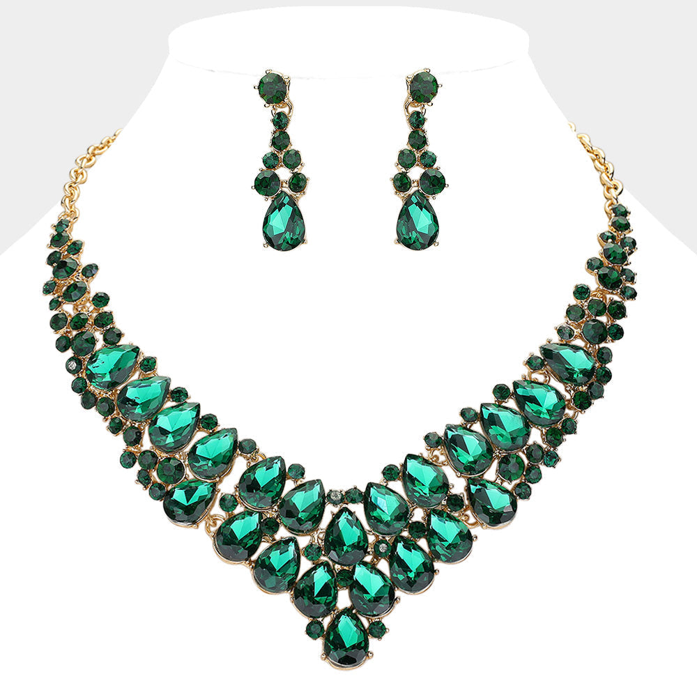 Gold, Green Teardrop Stone Cluster Collar Evening Necklace