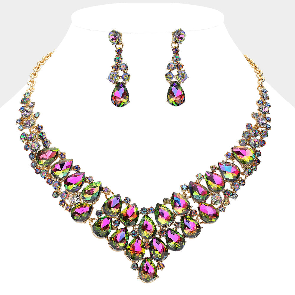 Gold Teardrop Stone Cluster Collar Evening Necklace