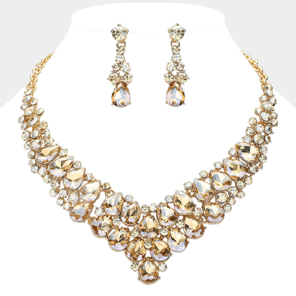 Gold, Lt Col Topaz Teardrop Stone Cluster Collar Evening Necklace