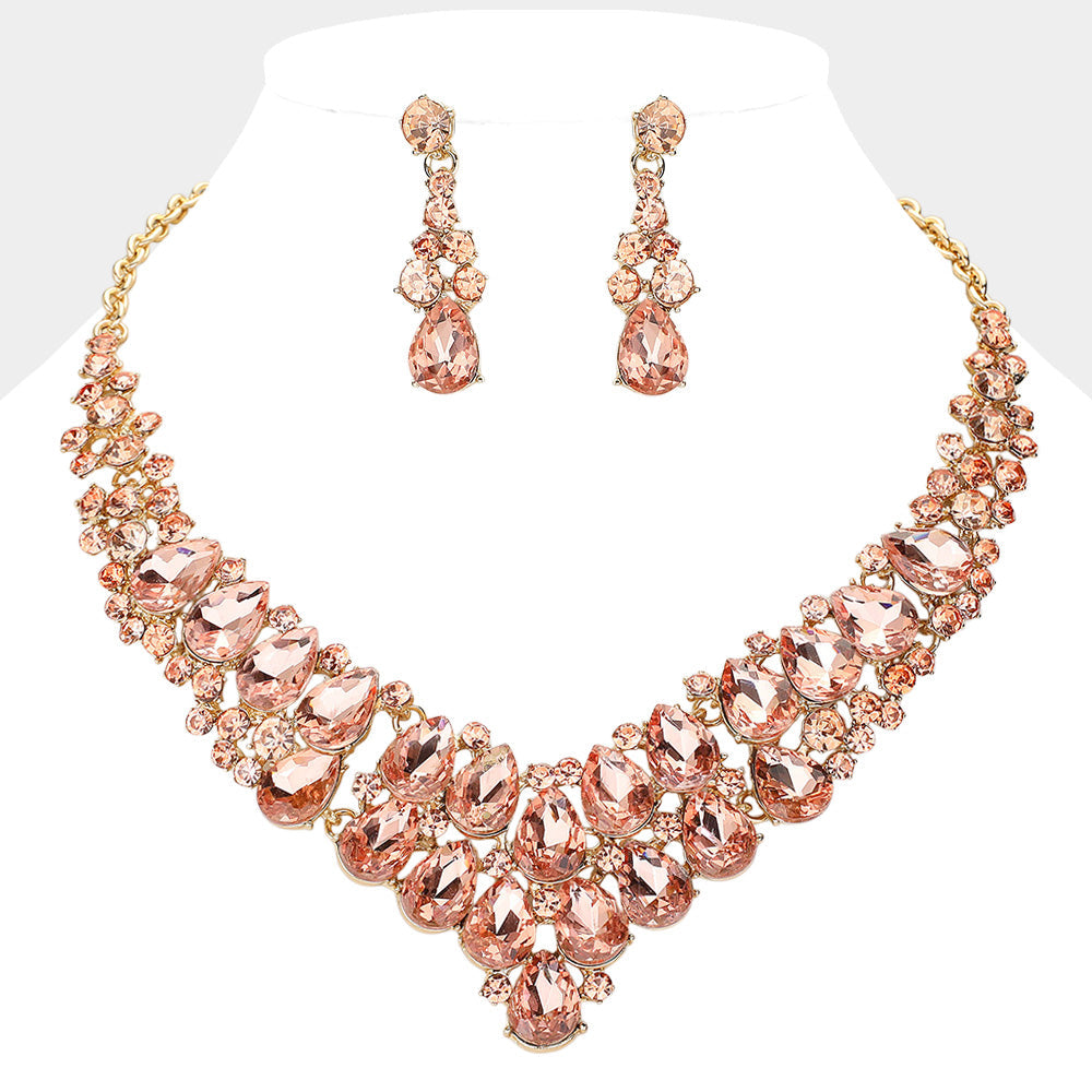 Gold, Peach Teardrop Stone Cluster Collar Evening Necklace