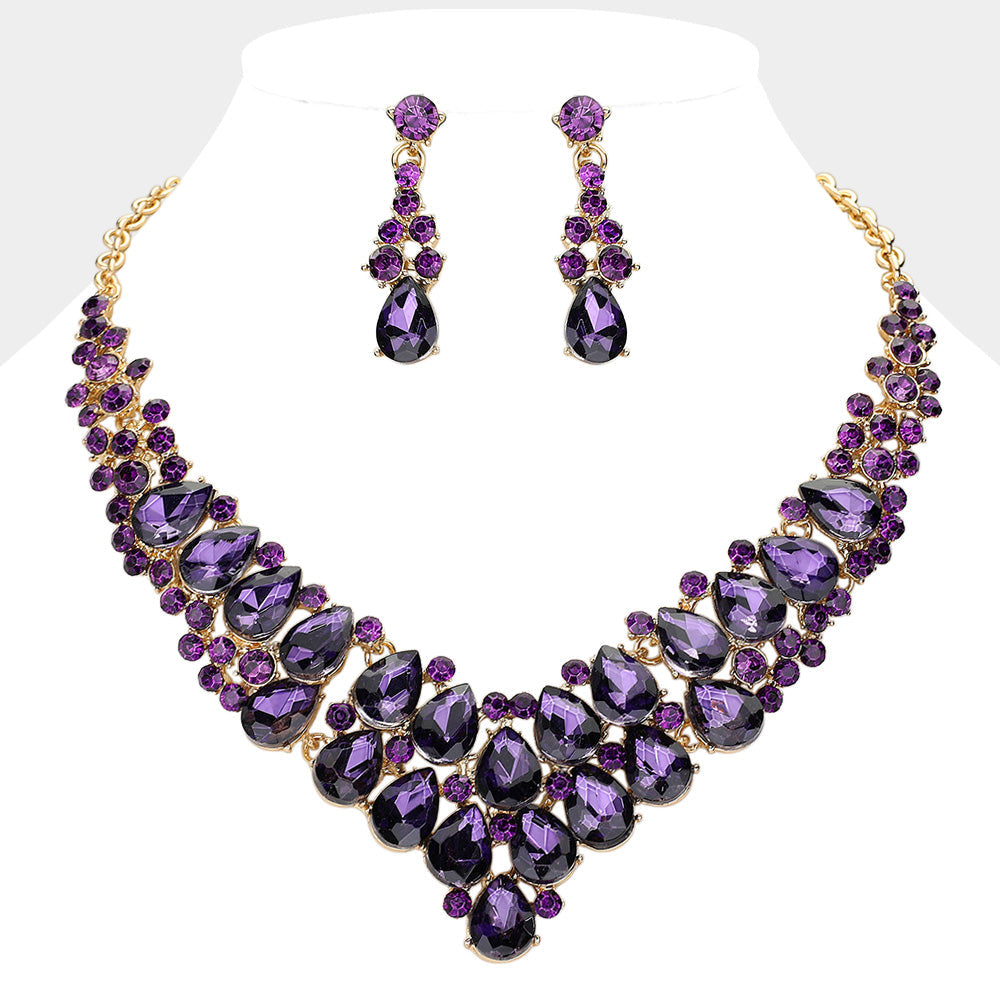 Gold, Purple Teardrop Stone Cluster Collar Evening Necklace
