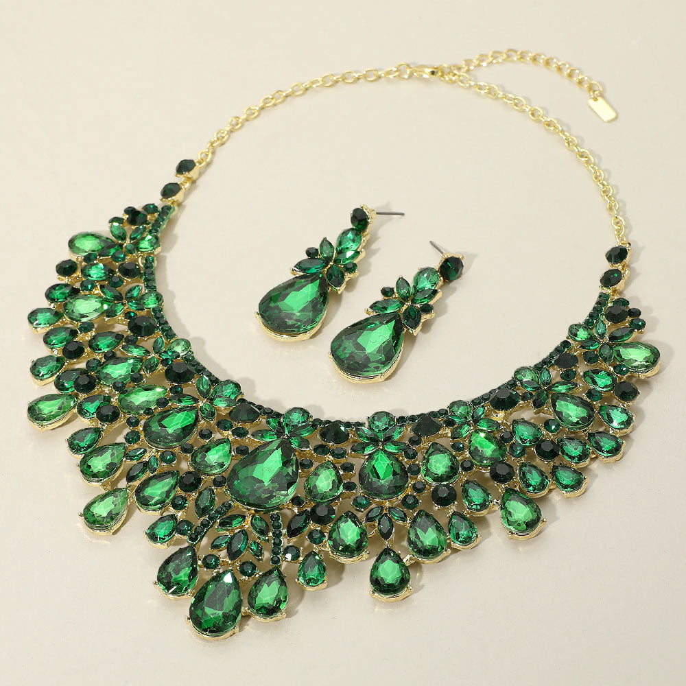 Emerald, Gold Teardrop Stone Cluster Embellished Statement Evening Necklace