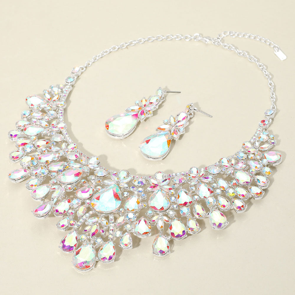 AB, Silver Teardrop Stone Cluster Embellished Statement Evening Necklace