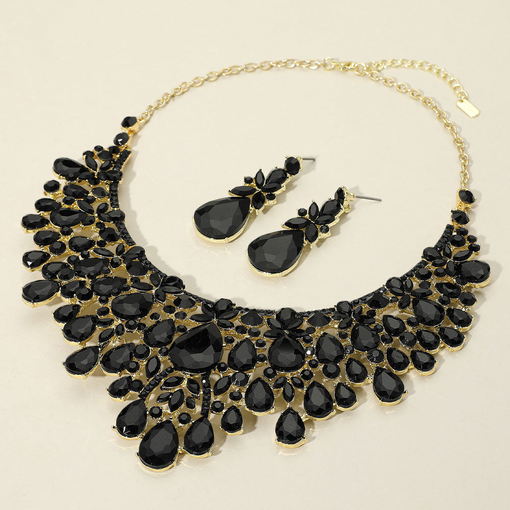 Black, Gold Teardrop Stone Cluster Embellished Statement Evening Necklace