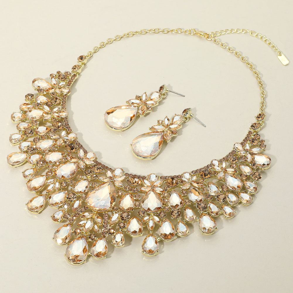 Gold, Lt Col Topaz Teardrop Stone Cluster Embellished Statement Evening Necklace