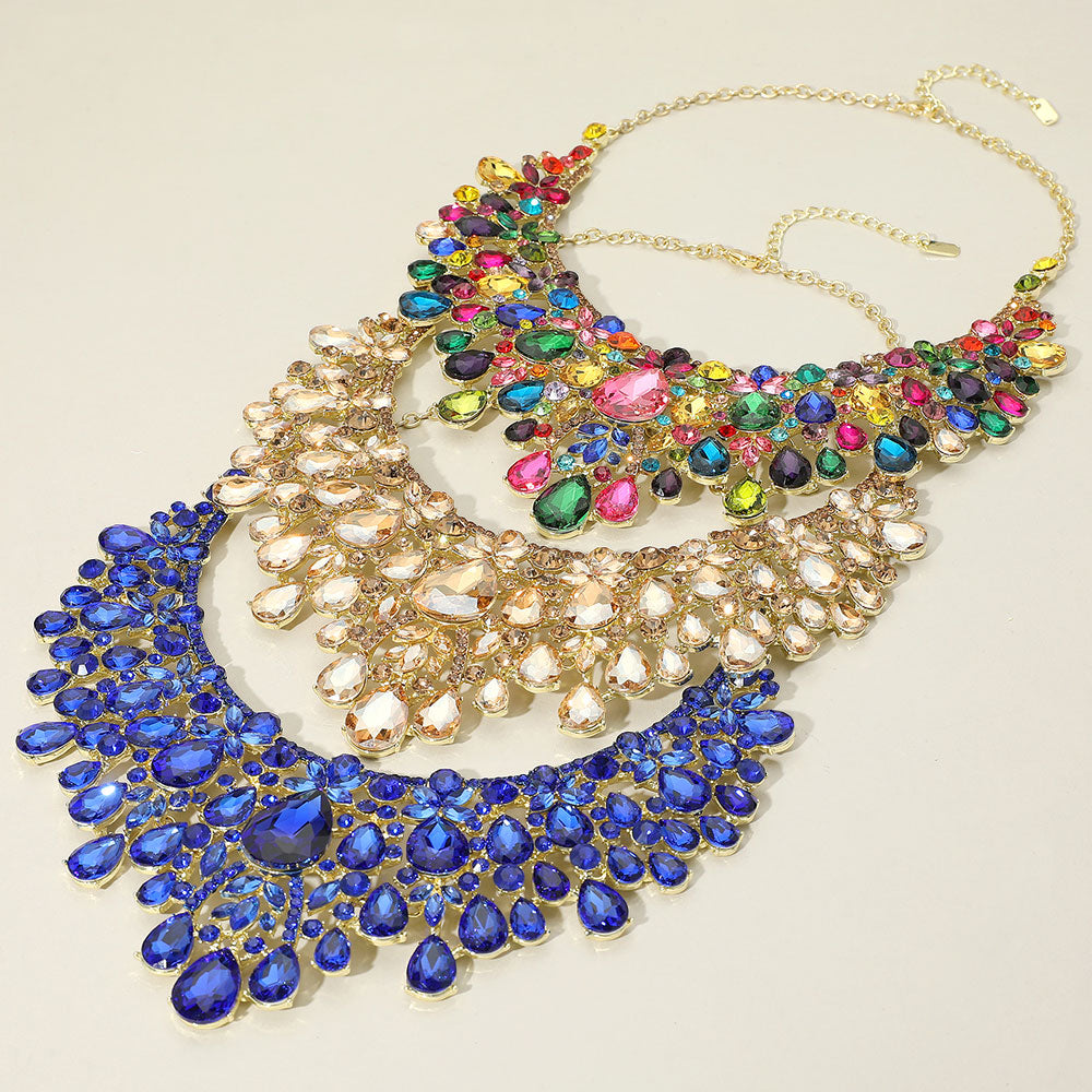 Gold, Sapphire Teardrop Stone Cluster Embellished Statement Evening Necklace