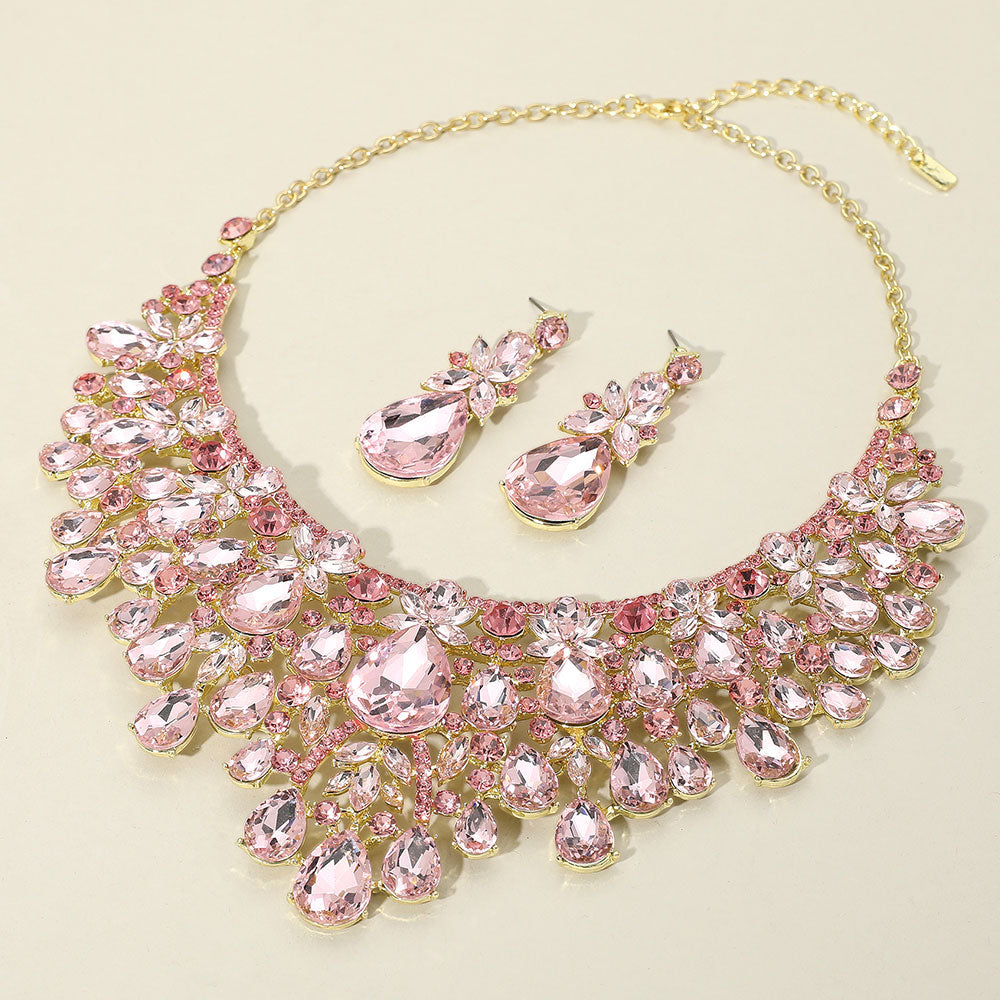 Gold, Lt Rose Teardrop Stone Cluster Embellished Statement Evening Necklace