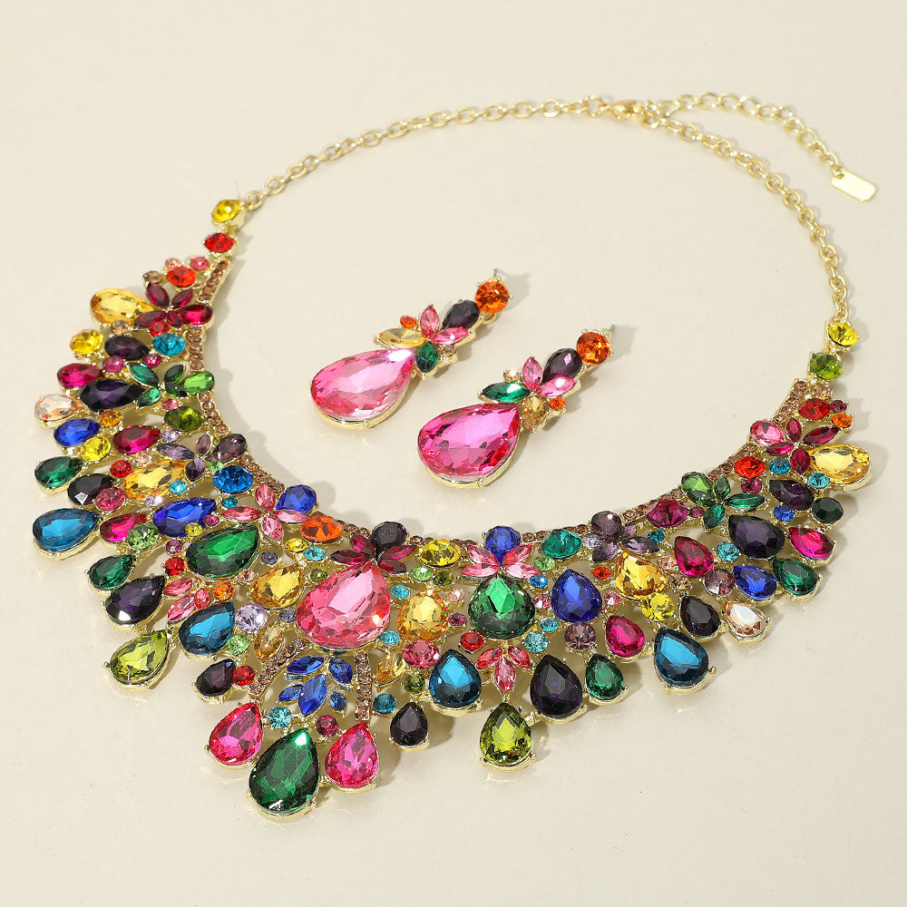 Gold, Multi Teardrop Stone Cluster Embellished Statement Evening Necklace