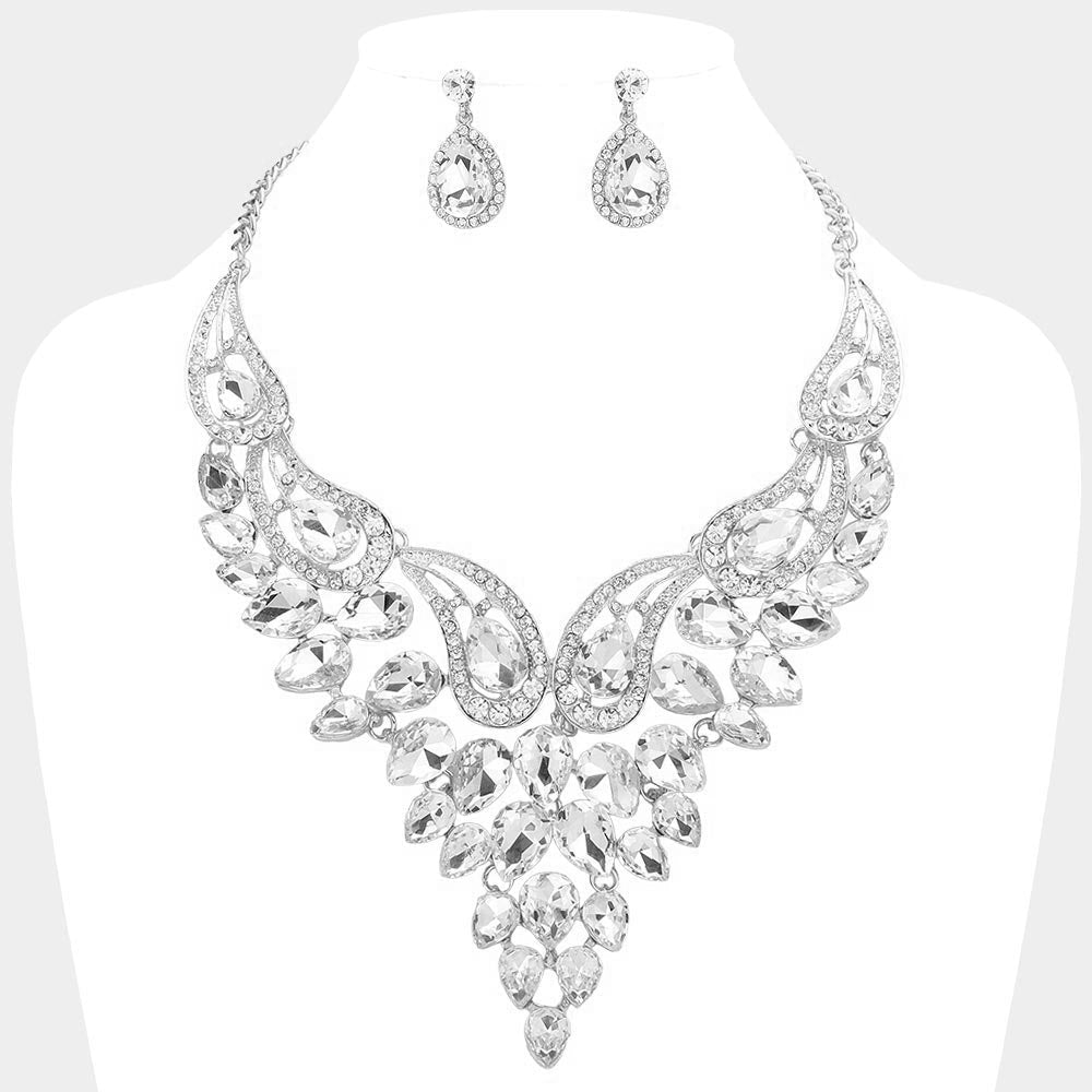 Clear, Silver Teardrop Stone Cluster Evening Bib Necklace