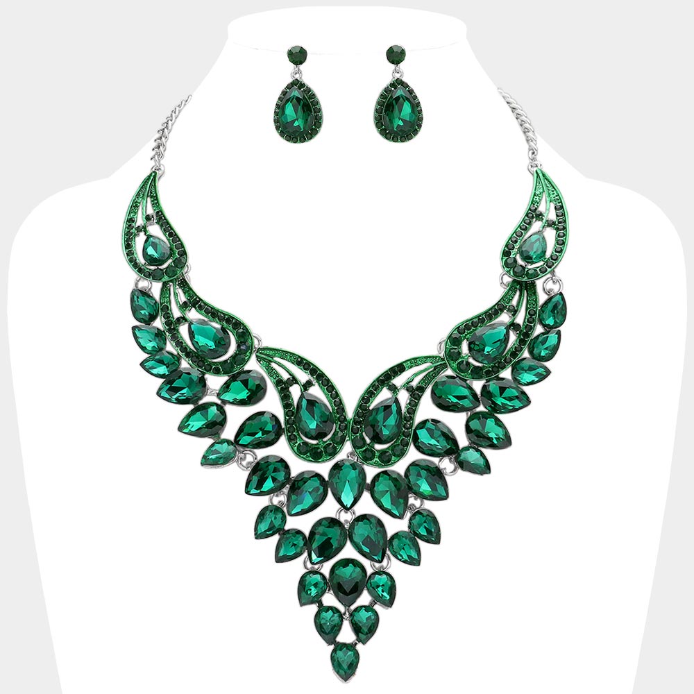 Green, Silver Teardrop Stone Cluster Evening Bib Necklace