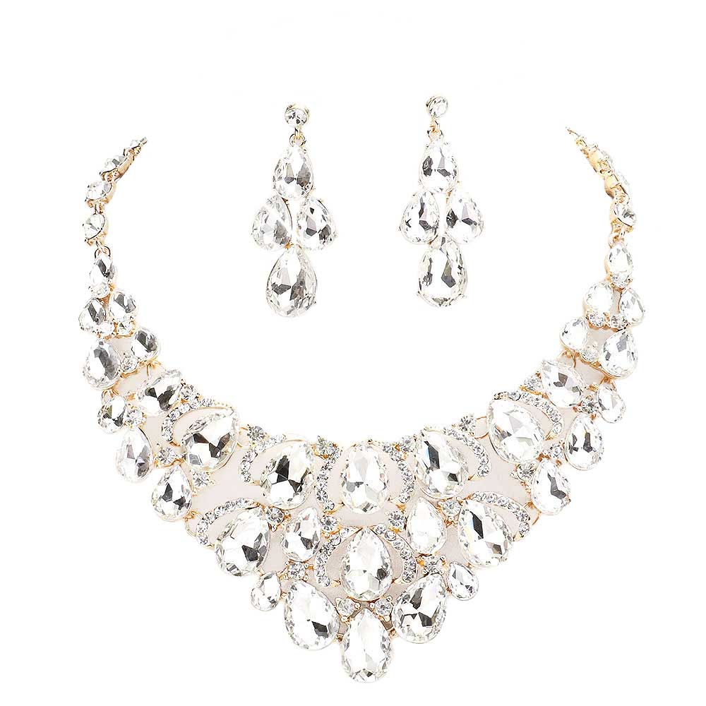 Gold Teardrop Stone Cluster Evening Necklace, delicately polished necklace will enhance your look, versatile enough for wearing straight through the week, perfectly lightweight for all-day wear, coordinate with any ensemble from business casual to everyday wear, the perfect addition to every outfit. Adds a touch of beautiful inspired beauty to your look .