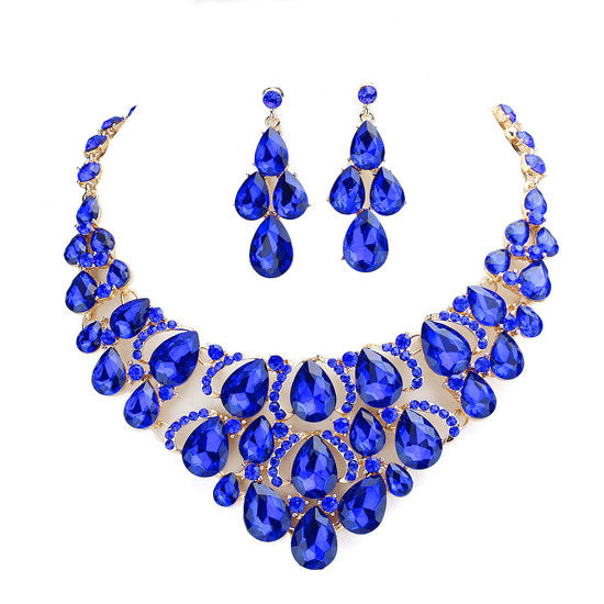 Sapphire Teardrop Stone Cluster Evening Necklace, delicately polished necklace will enhance your look, versatile enough for wearing straight through the week, perfectly lightweight for all-day wear, coordinate with any ensemble from business casual to everyday wear, the perfect addition to every outfit. Adds a touch of beautiful inspired beauty to your look .