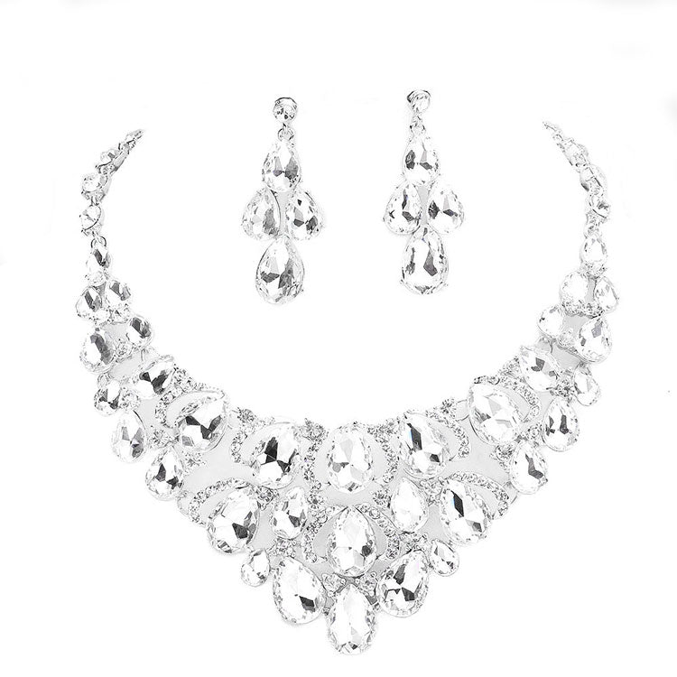 Silver Teardrop Stone Cluster Evening Necklace, delicately polished necklace will enhance your look, versatile enough for wearing straight through the week, perfectly lightweight for all-day wear, coordinate with any ensemble from business casual to everyday wear, the perfect addition to every outfit. Adds a touch of beautiful inspired beauty to your look .