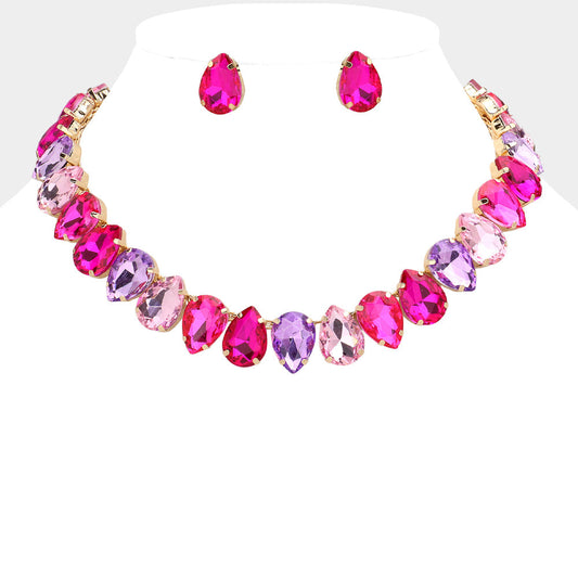Gold, Pink Teardrop Stone Cluster Link Evening Necklace