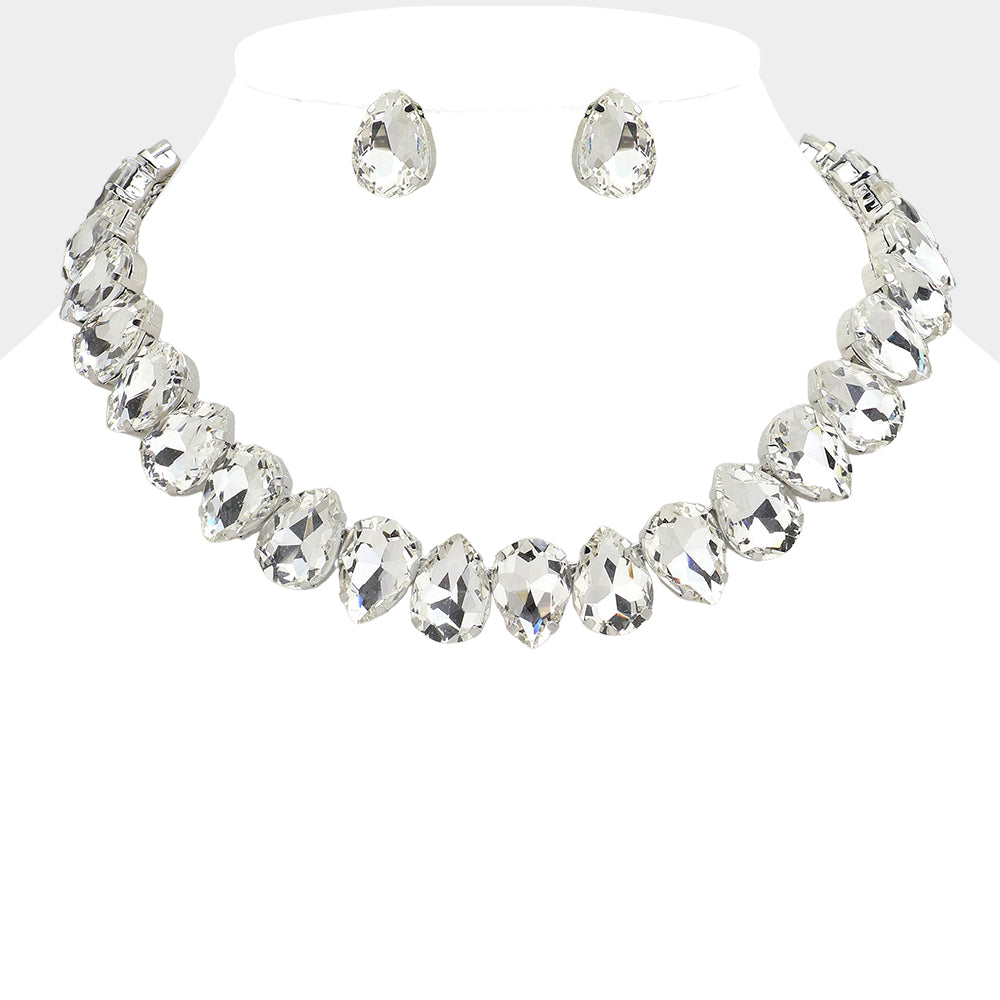 Rhodium Teardrop Stone Cluster Link Evening Necklace