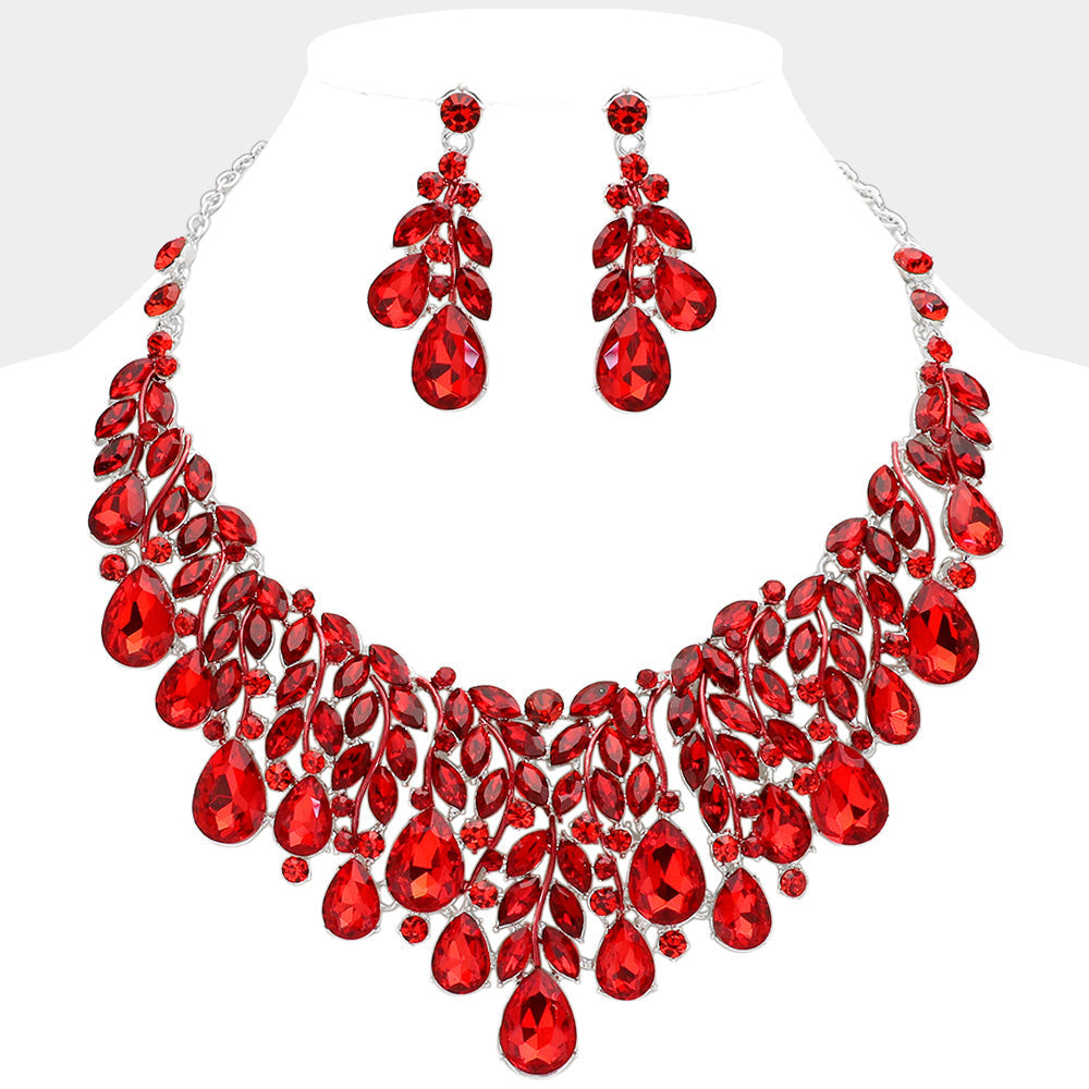 Red, Silver Teardrop Stone Cluster Marquise Vine Embellished Evening Necklace