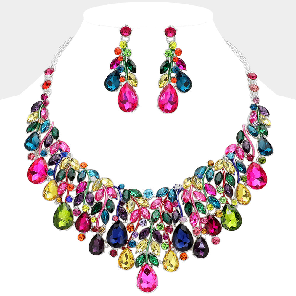 Multi, Silver Teardrop Stone Cluster Marquise Vine Embellished Evening Necklace