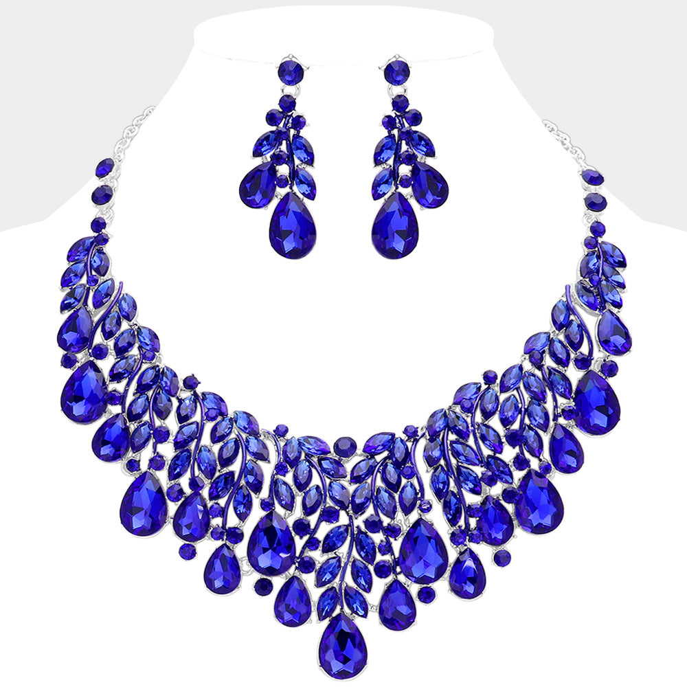 Sapphire, Silver Teardrop Stone Cluster Marquise Vine Embellished Evening Necklace