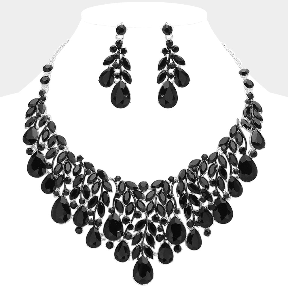 Black, Silver Teardrop Stone Cluster Marquise Vine Embellished Evening Necklace