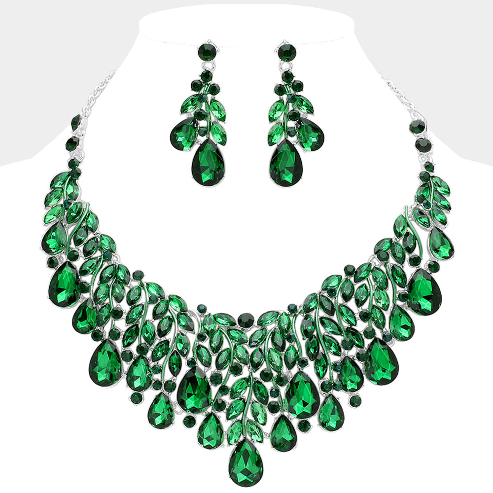 Emerald, Silver Teardrop Stone Cluster Marquise Vine Embellished Evening Necklace