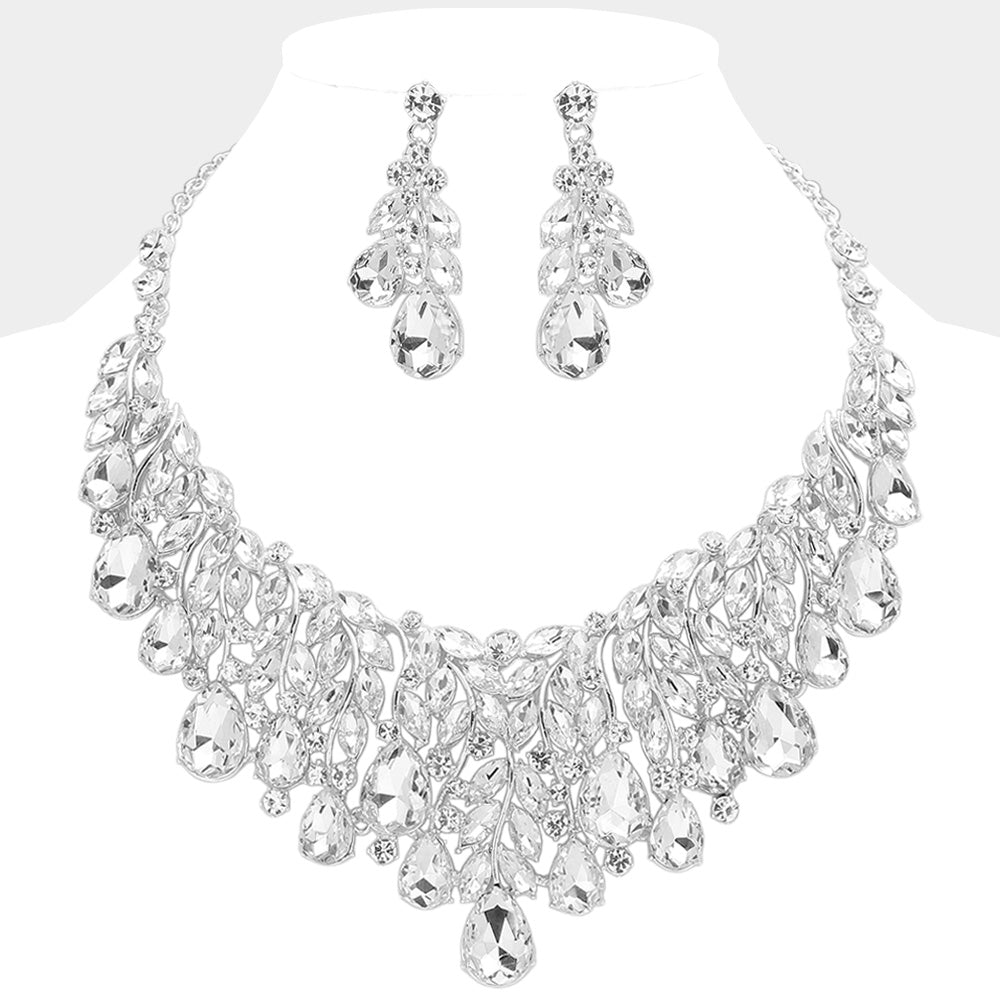Clear, Silver Teardrop Stone Cluster Marquise Vine Embellished Evening Necklace