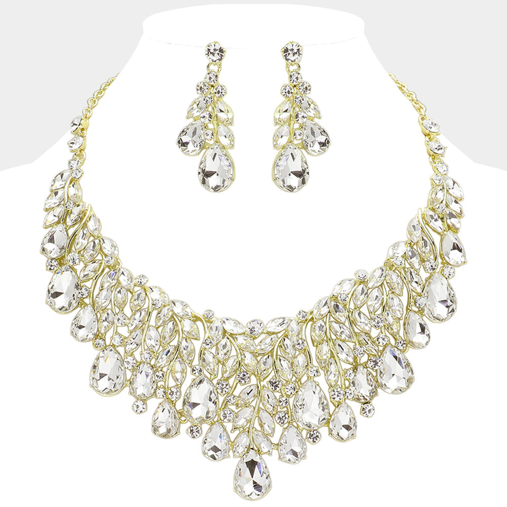 Clear, Gold Teardrop Stone Cluster Marquise Vine Embellished Evening Necklace