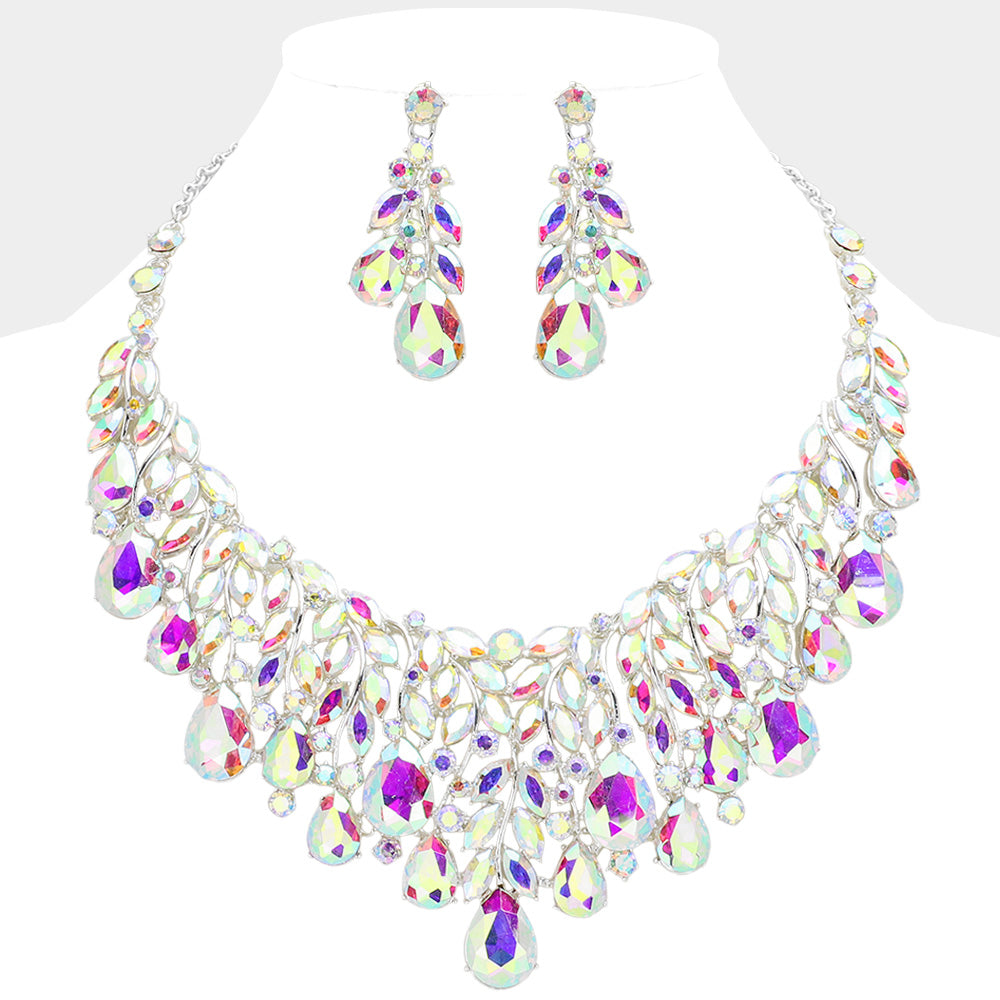 AB, Silver Teardrop Stone Cluster Marquise Vine Embellished Evening Necklace