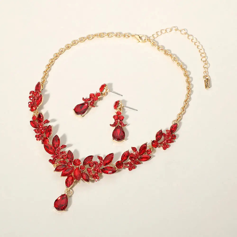 Gold, Red Teardrop Stone Cluster Pointed Marquise Stone Cluster Embellished Evening Necklace