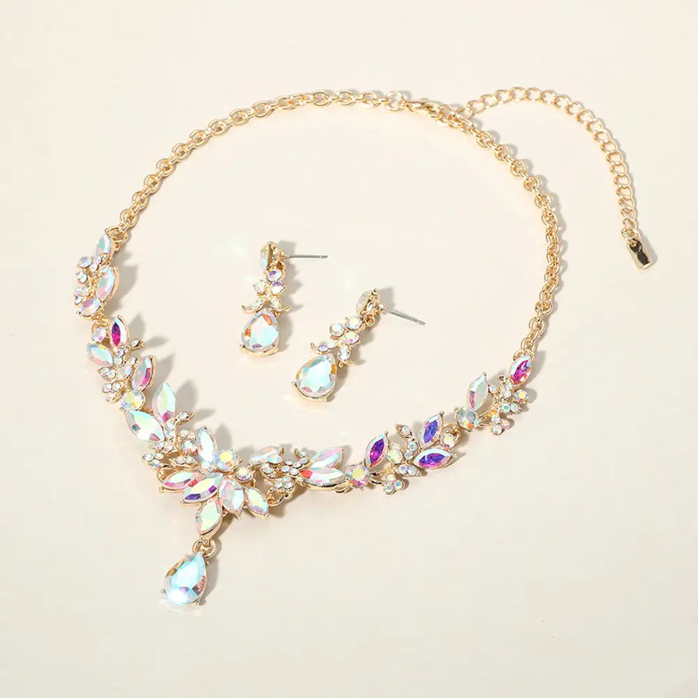 AB, Gold Teardrop Stone Cluster Pointed Marquise Stone Cluster Embellished Evening Necklace