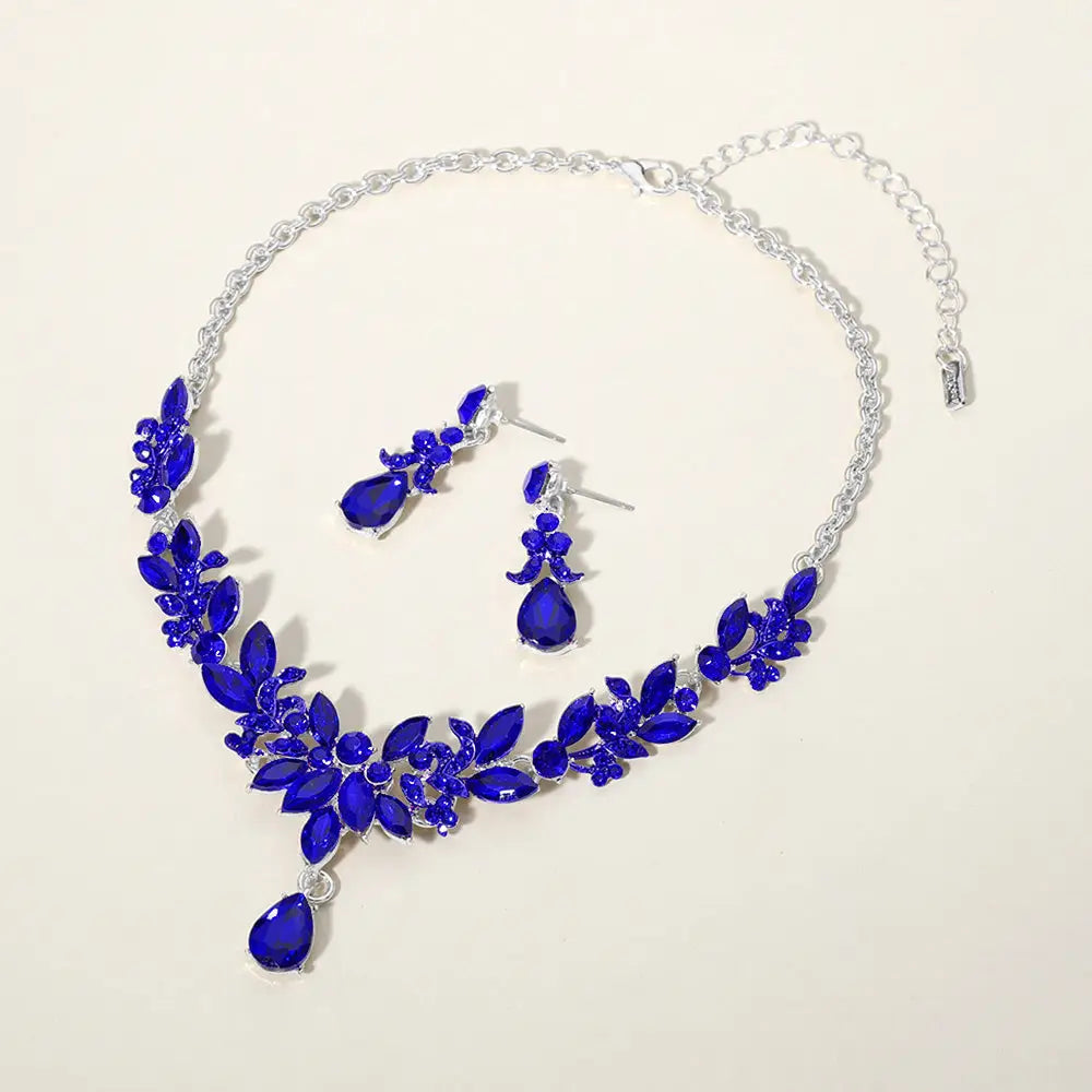 Sapphire, Silver Teardrop Stone Cluster Pointed Marquise Stone Cluster Embellished Evening Necklace