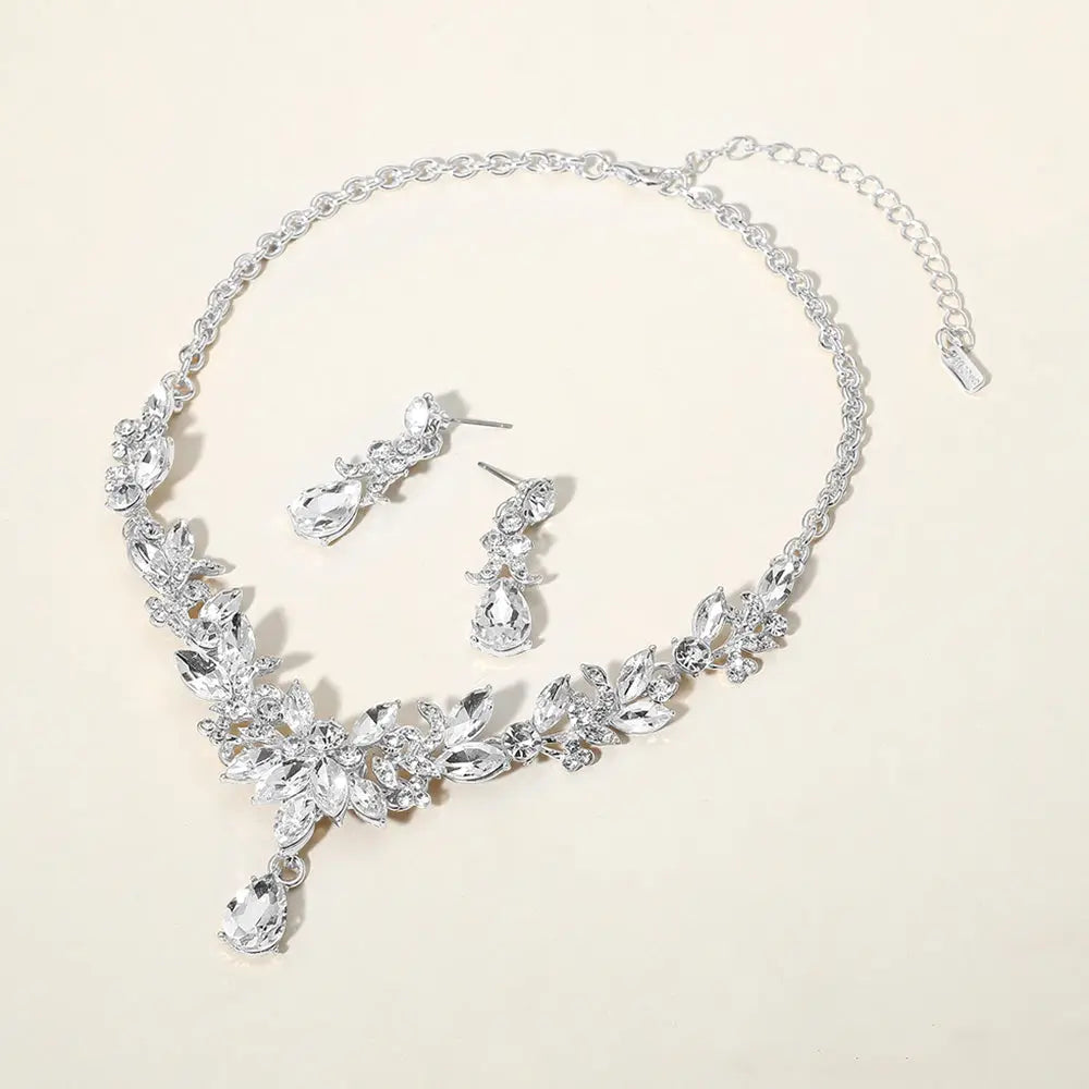 Clear, Silver Teardrop Stone Cluster Pointed Marquise Stone Cluster Embellished Evening Necklace