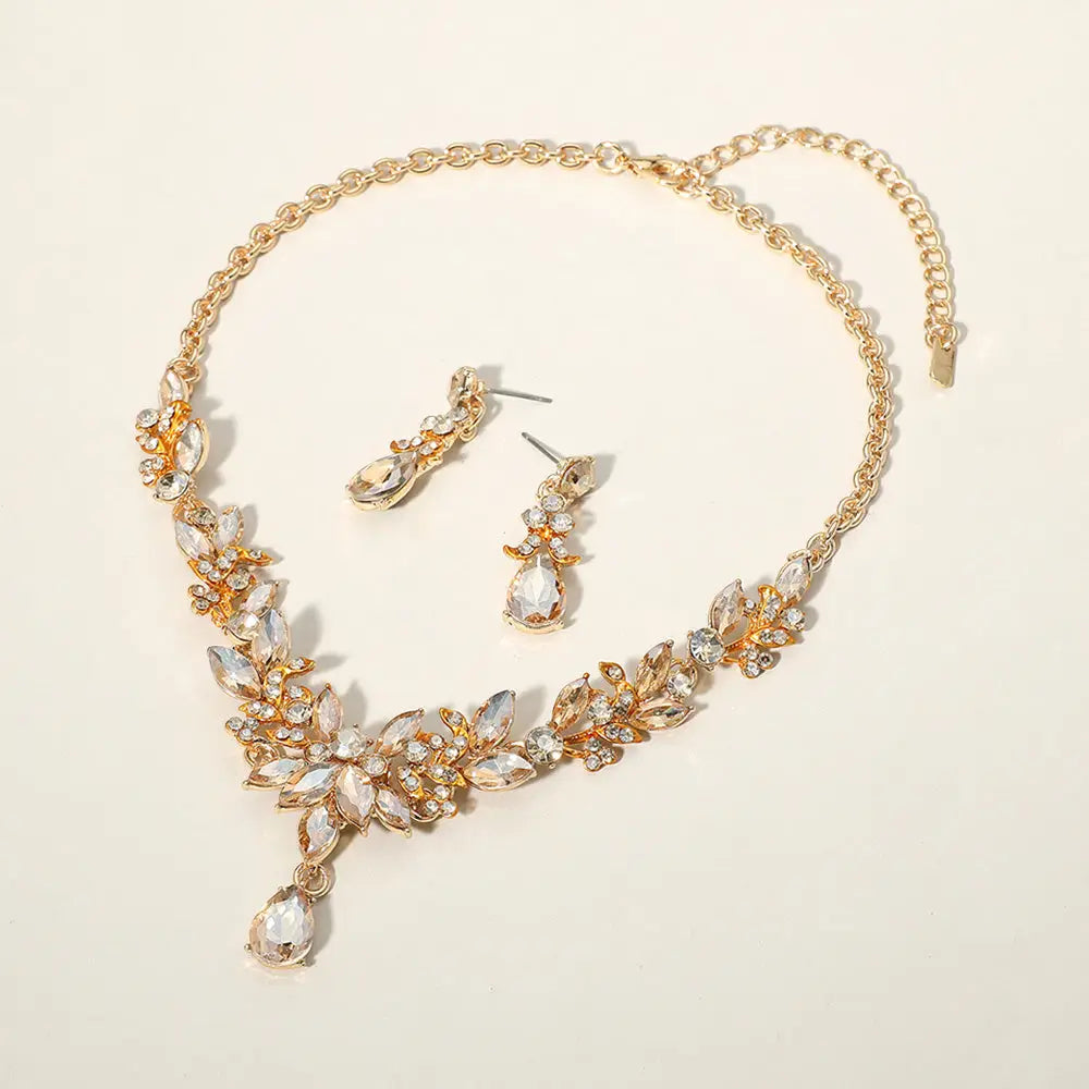 Gold, Lt Col Topaz Teardrop Stone Cluster Pointed Marquise Stone Cluster Embellished Evening Necklace
