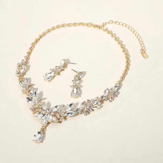 Clear, Gold Teardrop Stone Cluster Pointed Marquise Stone Cluster Embellished Evening Necklace