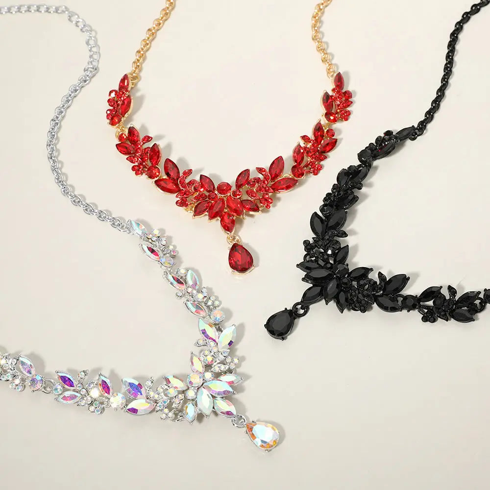 AB, Silver Teardrop Stone Cluster Pointed Marquise Stone Cluster Embellished Evening Necklace