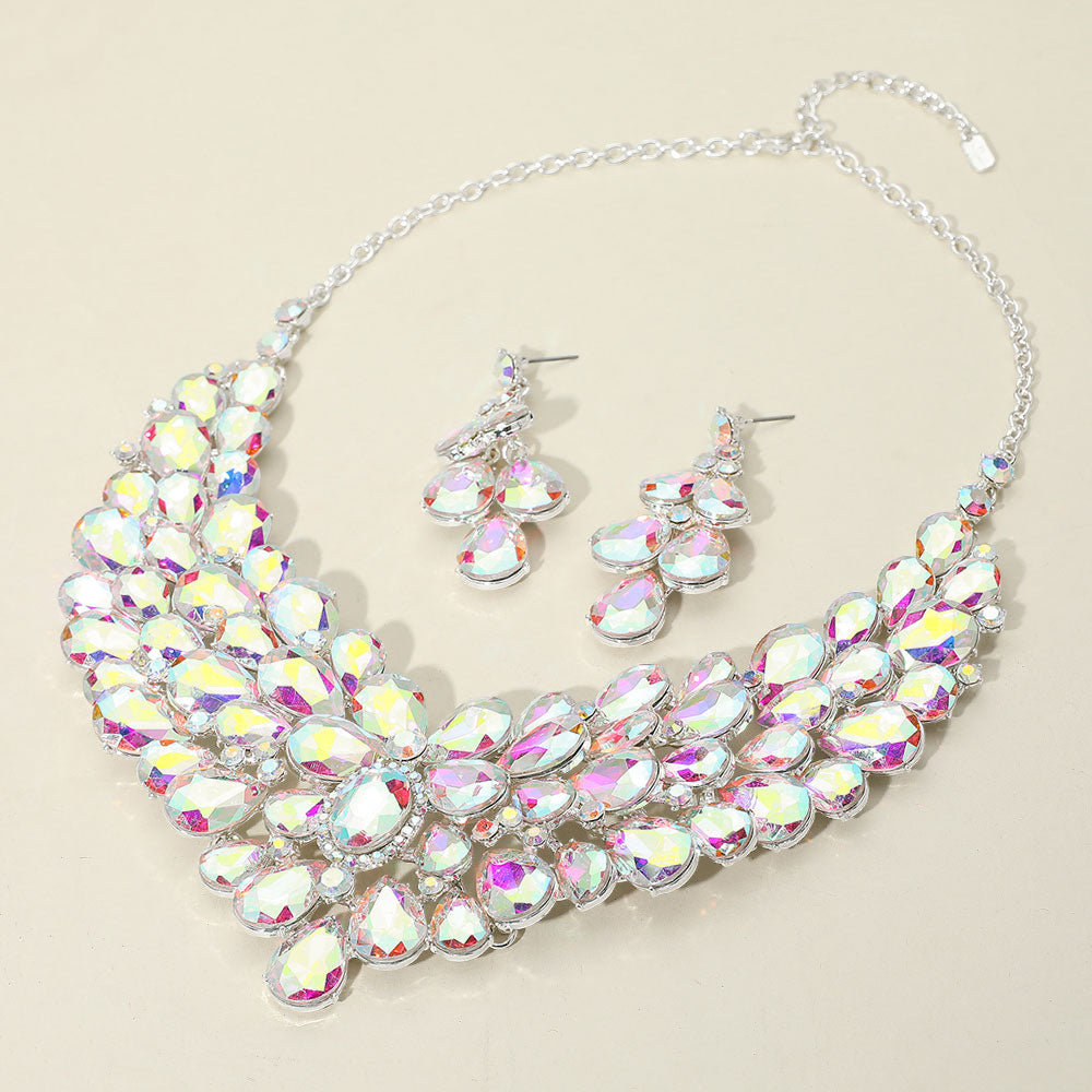 AB, Silver Teardrop Stone Cluster Statement Evening Necklace