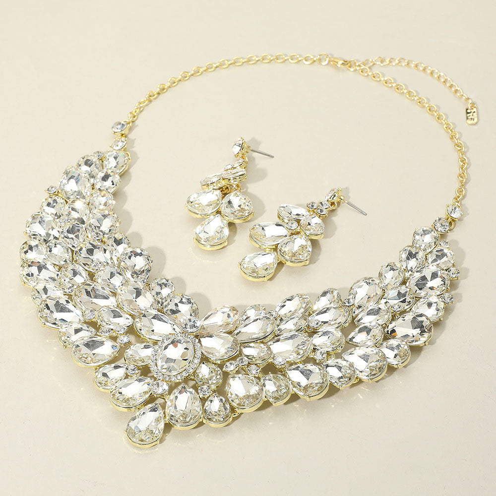 Clear, Gold Teardrop Stone Cluster Statement Evening Necklace