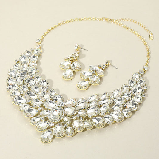 Clear, Gold Teardrop Stone Cluster Statement Evening Necklace