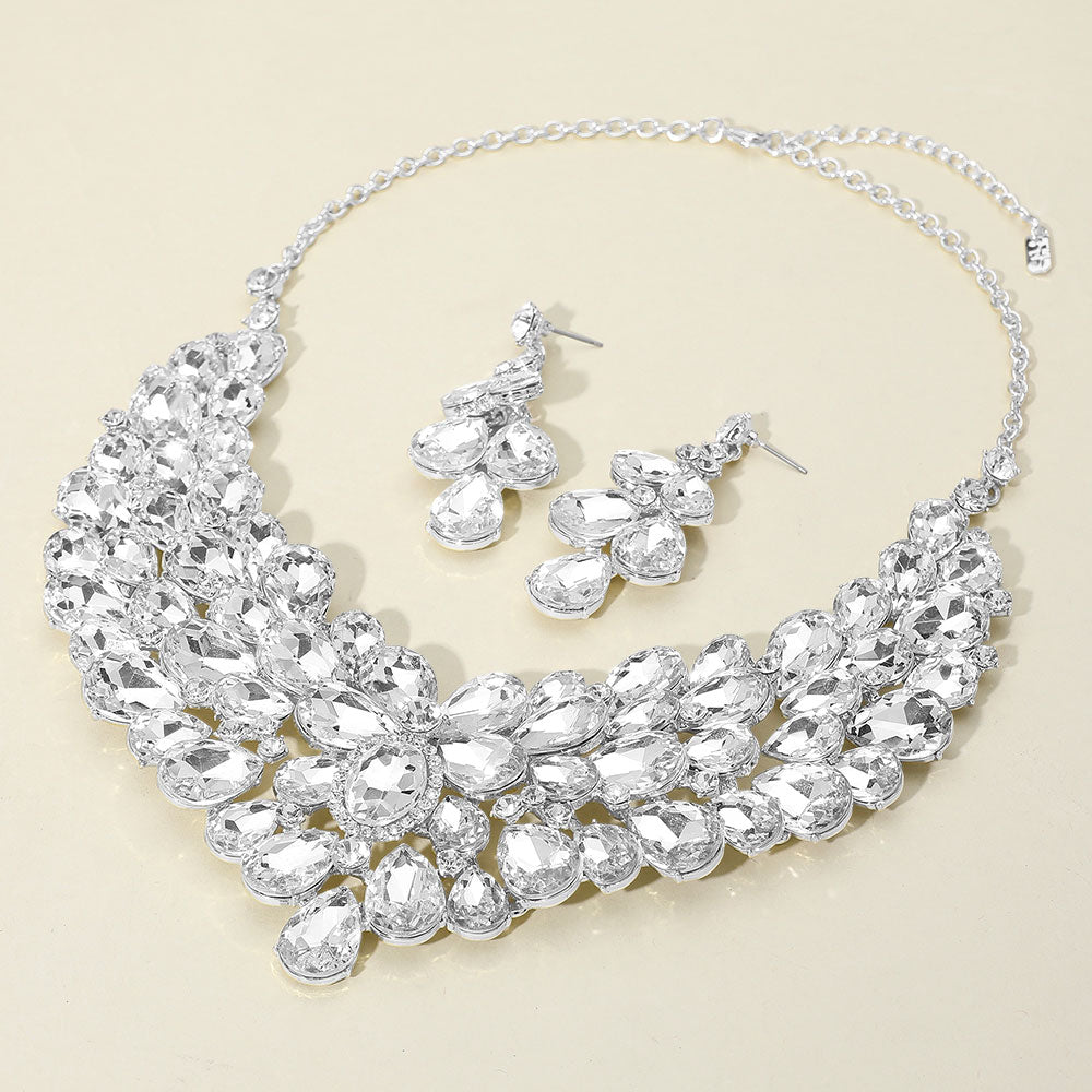 Clear, Silver Teardrop Stone Cluster Statement Evening Necklace