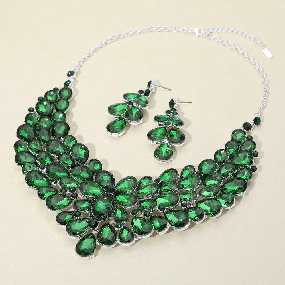 Emerald, Silver Teardrop Stone Cluster Statement Evening Necklace