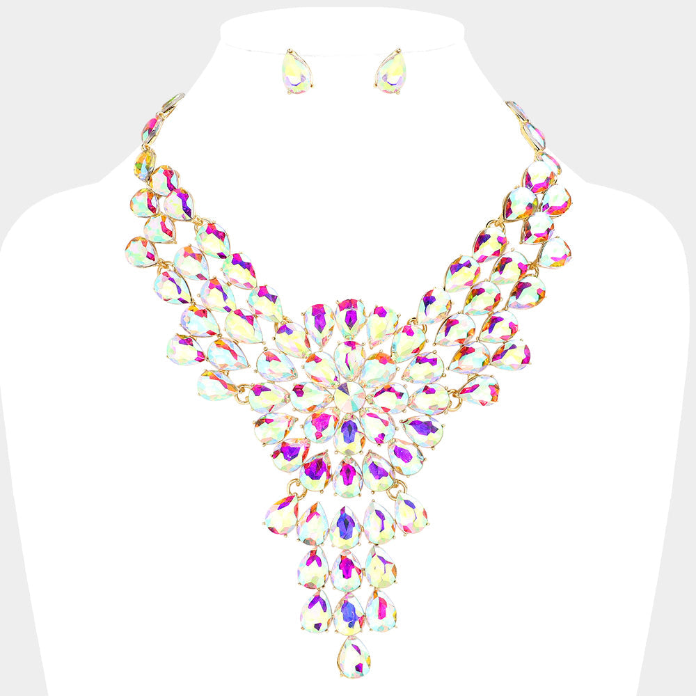AB, Gold Teardrop Stone Cluster Vine Evening Necklace