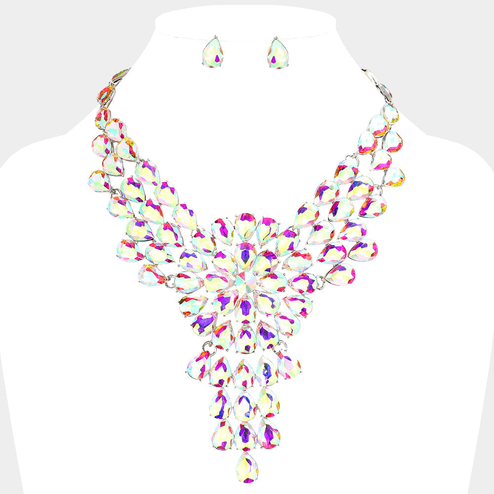 AB, Silver Teardrop Stone Cluster Vine Evening Necklace