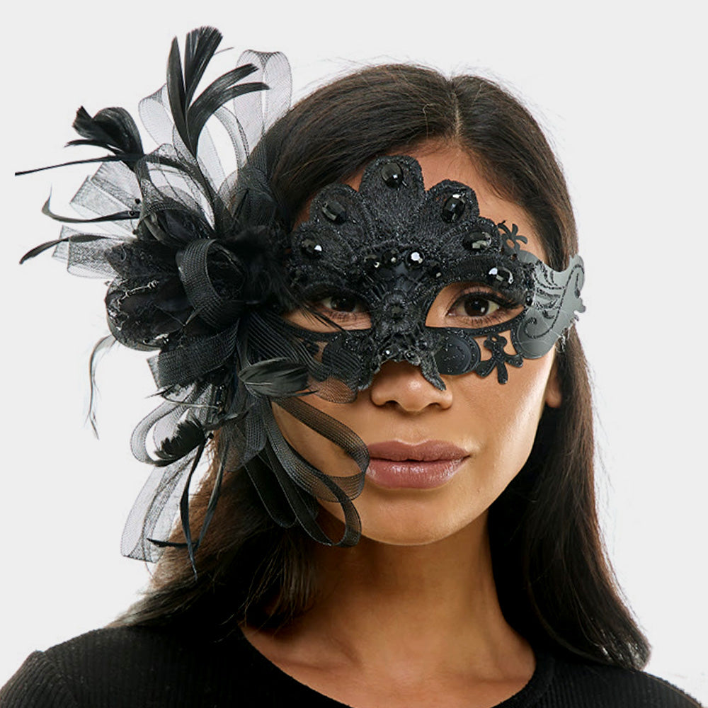 Black Teardrop Stone Embellished Flower Feather Fairy Lace Masquerade Mask