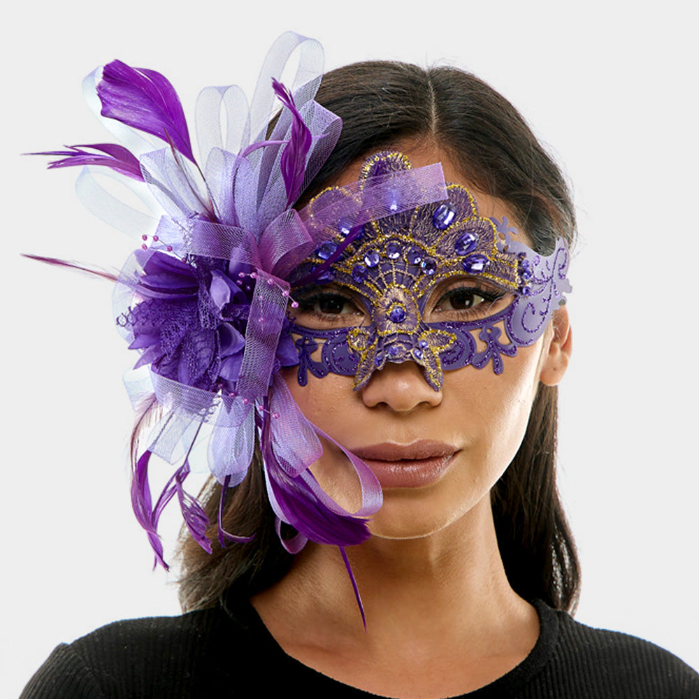 Purple Teardrop Stone Embellished Flower Feather Fairy Lace Masquerade Mask