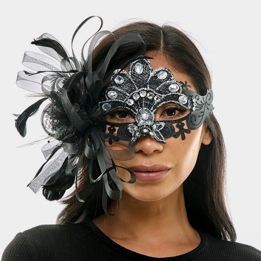 Black, Silver Teardrop Stone Embellished Flower Feather Fairy Lace Masquerade Mask