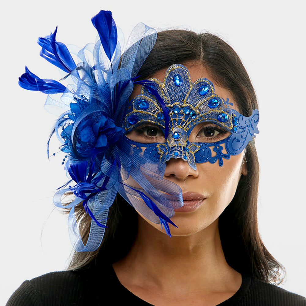 Blue Teardrop Stone Embellished Flower Feather Fairy Lace Masquerade Mask