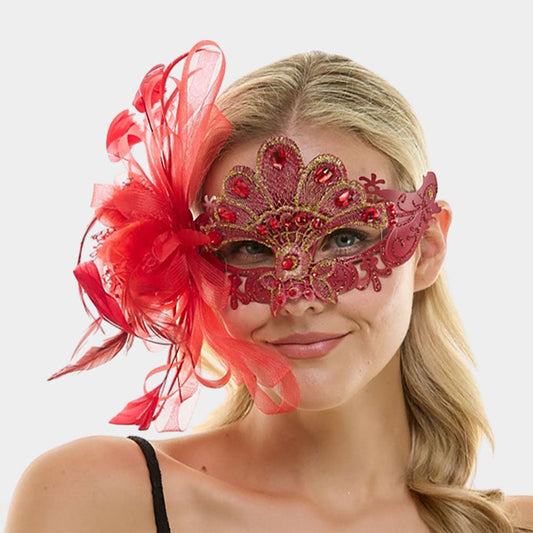 Burgundy Teardrop Stone Embellished Flower Feather Fairy Lace Masquerade Mask