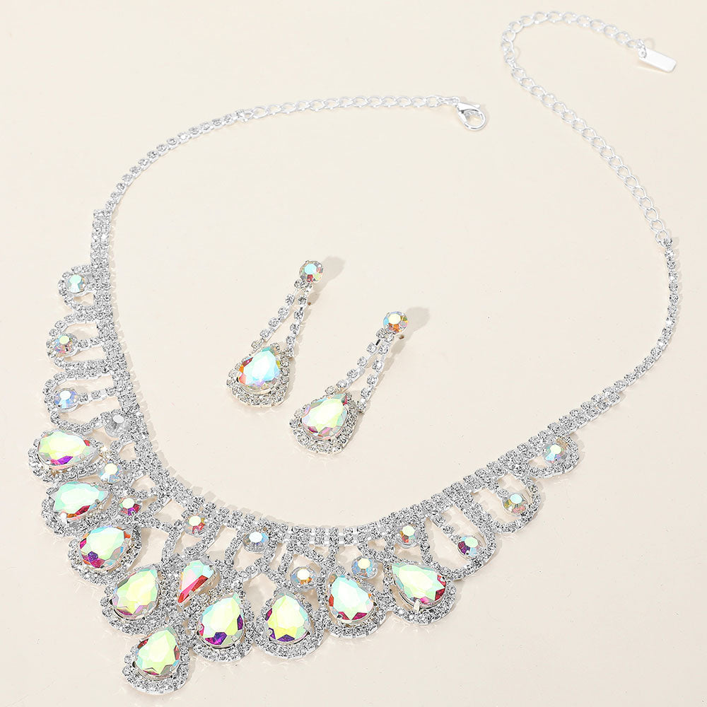 AB, Silver Teardrop Stone Embellished Rhinestone Paved Collar Necklace
