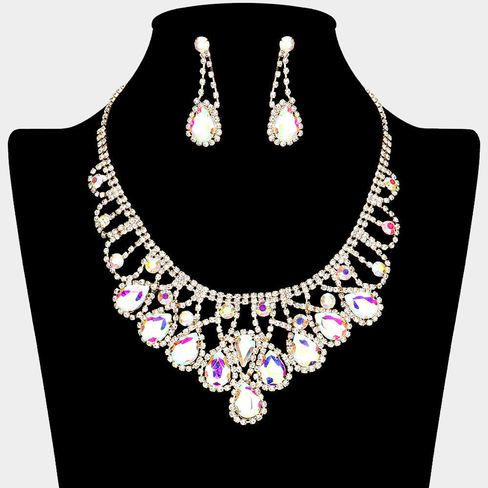 AB, Gold Teardrop Stone Embellished Rhinestone Paved Collar Necklace