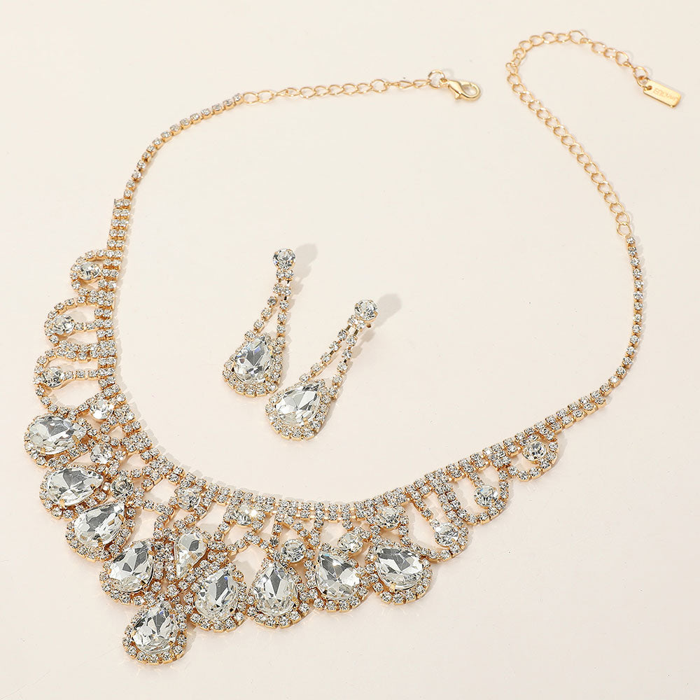 Clear, Gold Teardrop Stone Embellished Rhinestone Paved Collar Necklace
