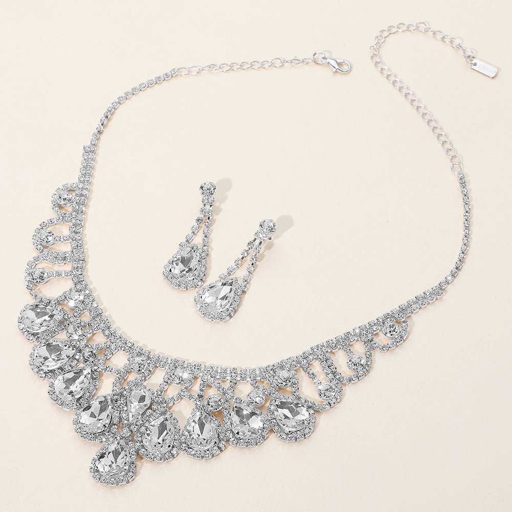 Clear, Silver Teardrop Stone Embellished Rhinestone Paved Collar Necklace